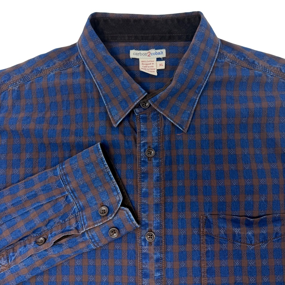 Carbon 2 Cobalt Mens XL Blue Brown Checkered Dobby Cotton Button Down Shirt